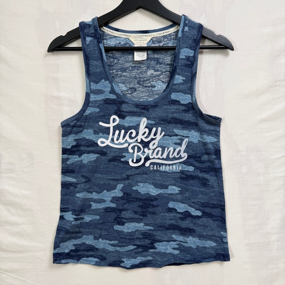 Lucky Brand Tank Top Womens Small‎ Blue Camo Graphic Scoop Neck Sleeveless